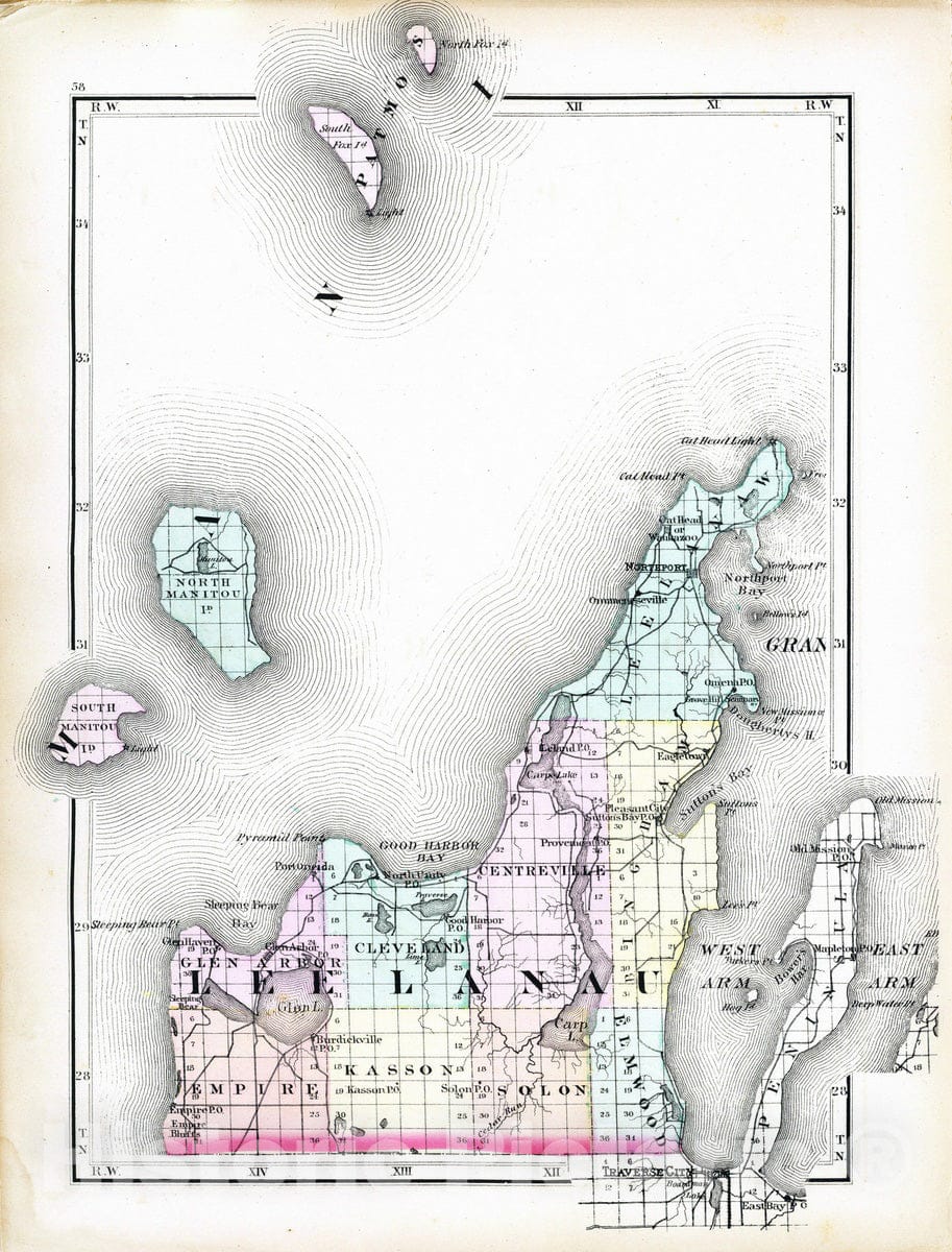 Leelanau County, Michigan - Railroad Map, 1873 - Historical Map Print