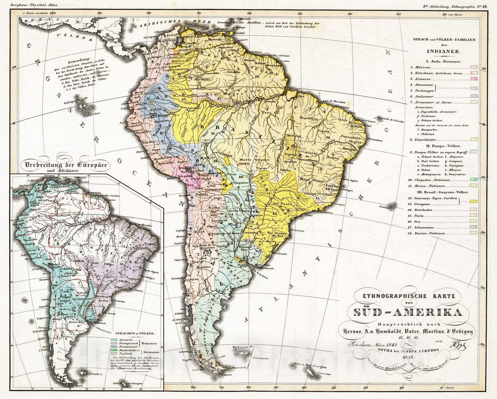 Historic Map : 1847 Ethnographische Karte von Sud-Amerika. - Vintage Wall Art