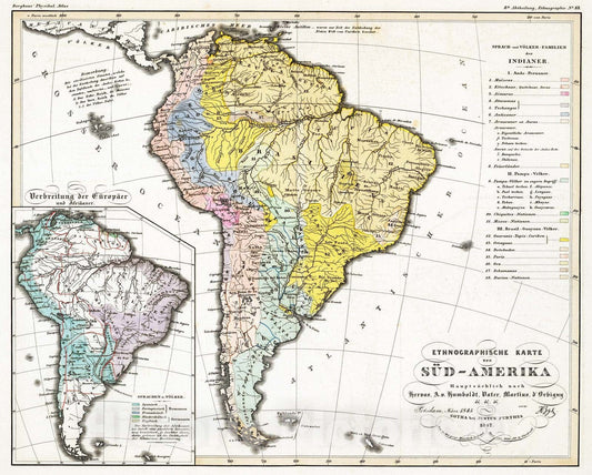 Historic Map : 1847 Ethnographische Karte von Sud-Amerika. - Vintage Wall Art