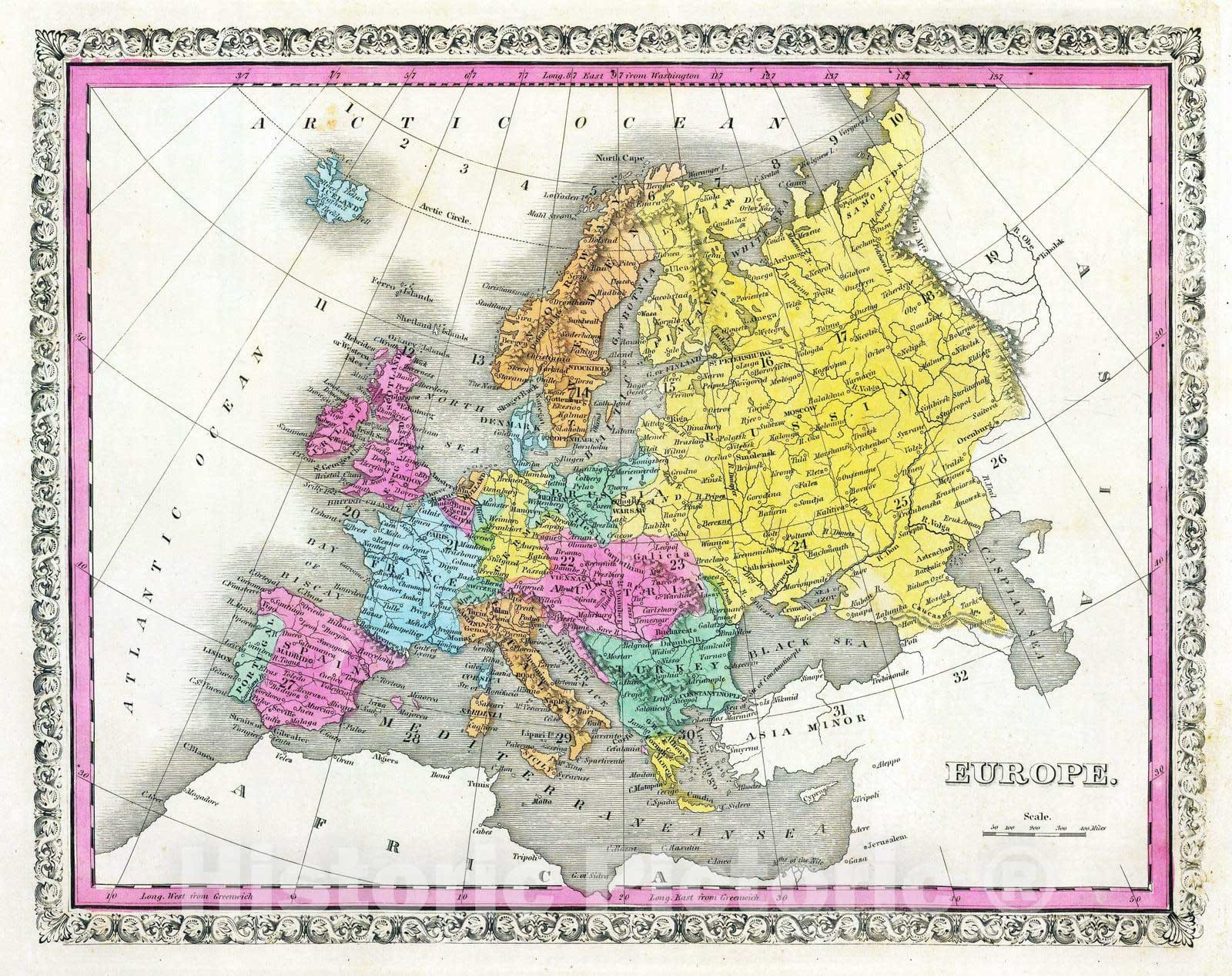 Historic Map : 1845 Europe. v2 - Vintage Wall Art