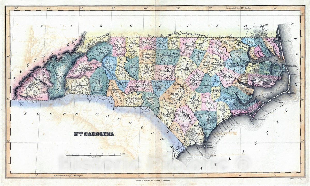 Historic Map : 1823 Nth. Carolina. - Vintage Wall Art