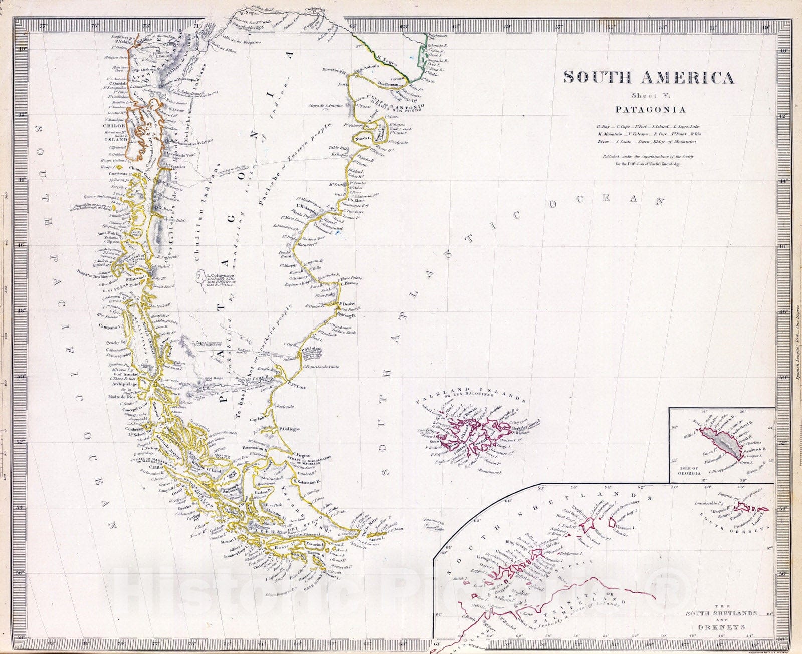 Historic Map : 1838 Patagonia, S. Shetlands, S. Orkneys. - Vintage Wall Art