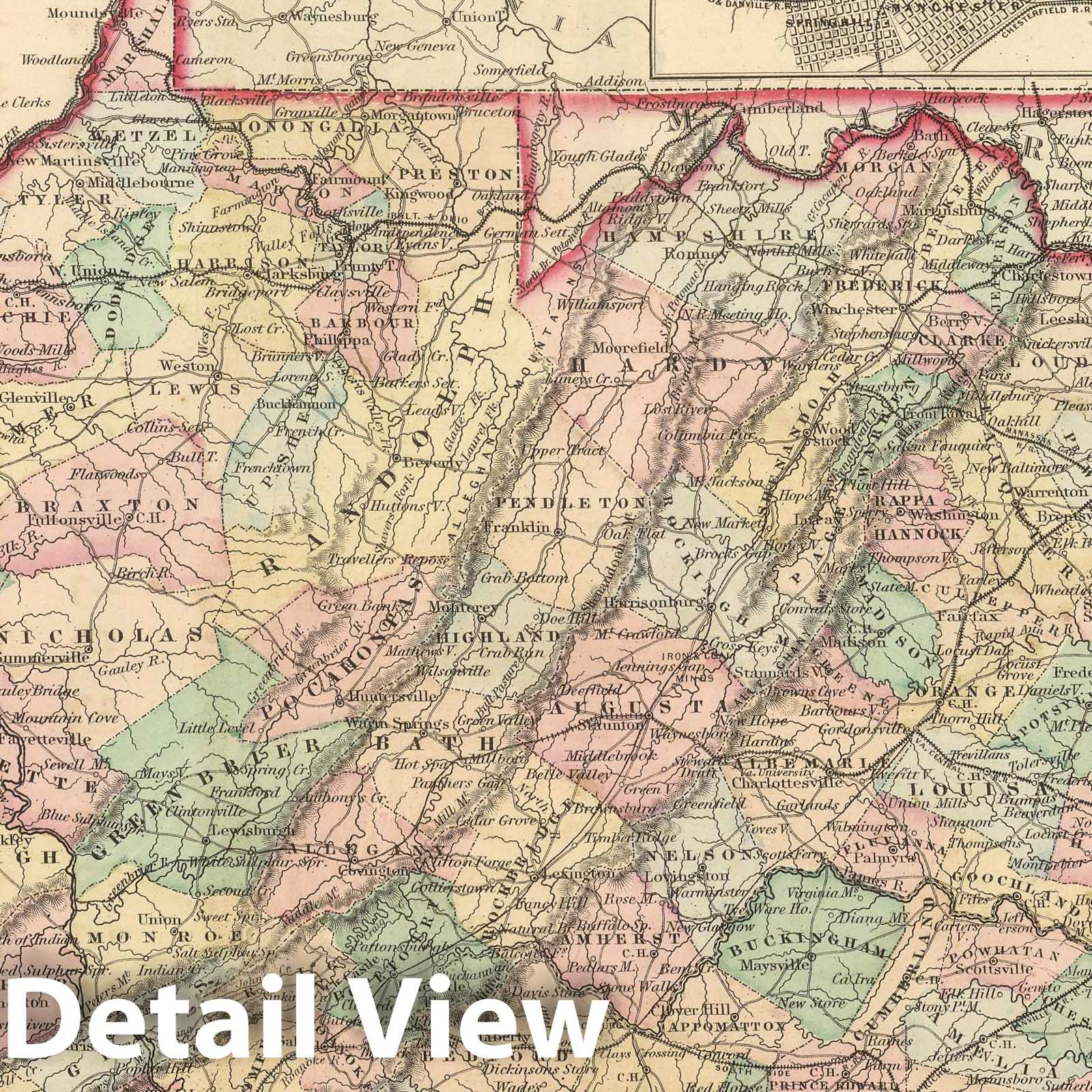 Virginia - Physical Map, 1857 - Historical Map Print