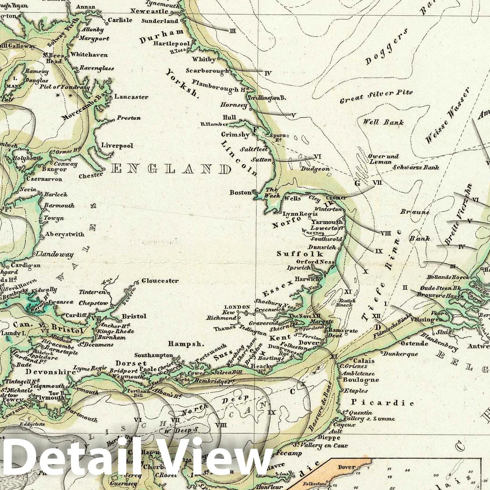 North Sea and English Channel - Nautical Chart, 1838 - Historical Map Print