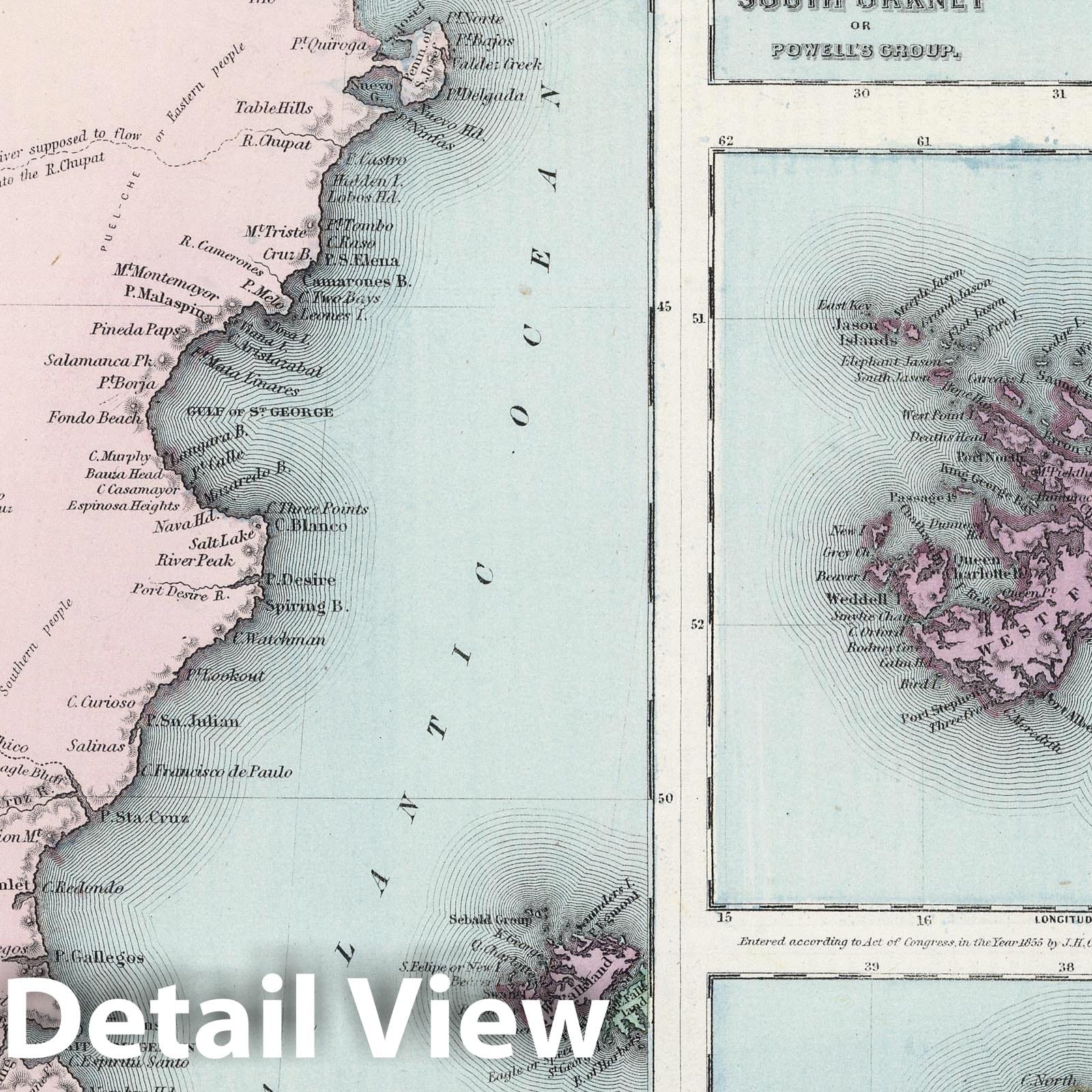 Patagonia, South Orkney Islands, Falkland Islands, South Georgia Island - Boundary Map, 1865