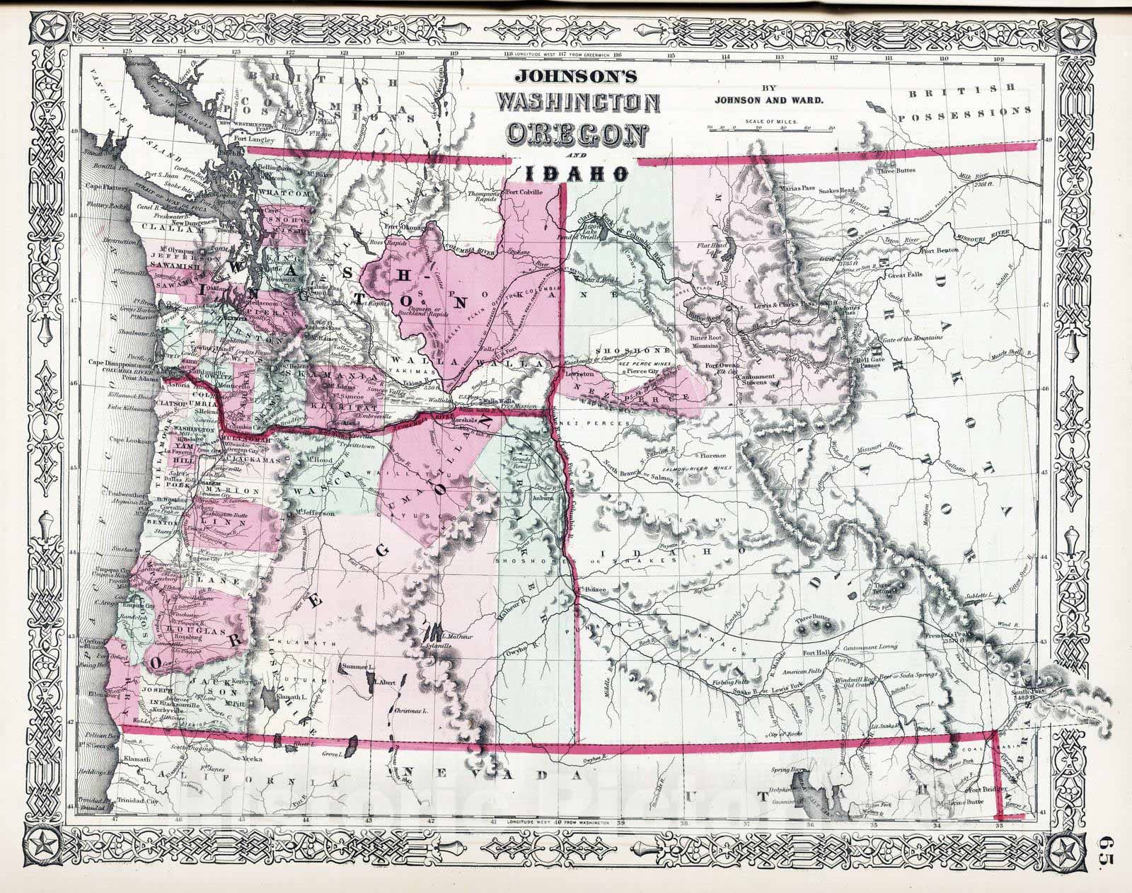 Historic Map : 1864 Washington, Oregon and Idaho - Vintage Wall Art