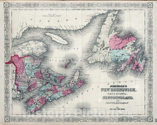 Historic Map : 1865 New Brunswick, Nova Scotia, Newfoundland, and Prince Edward Island. - Vintage Wall Art
