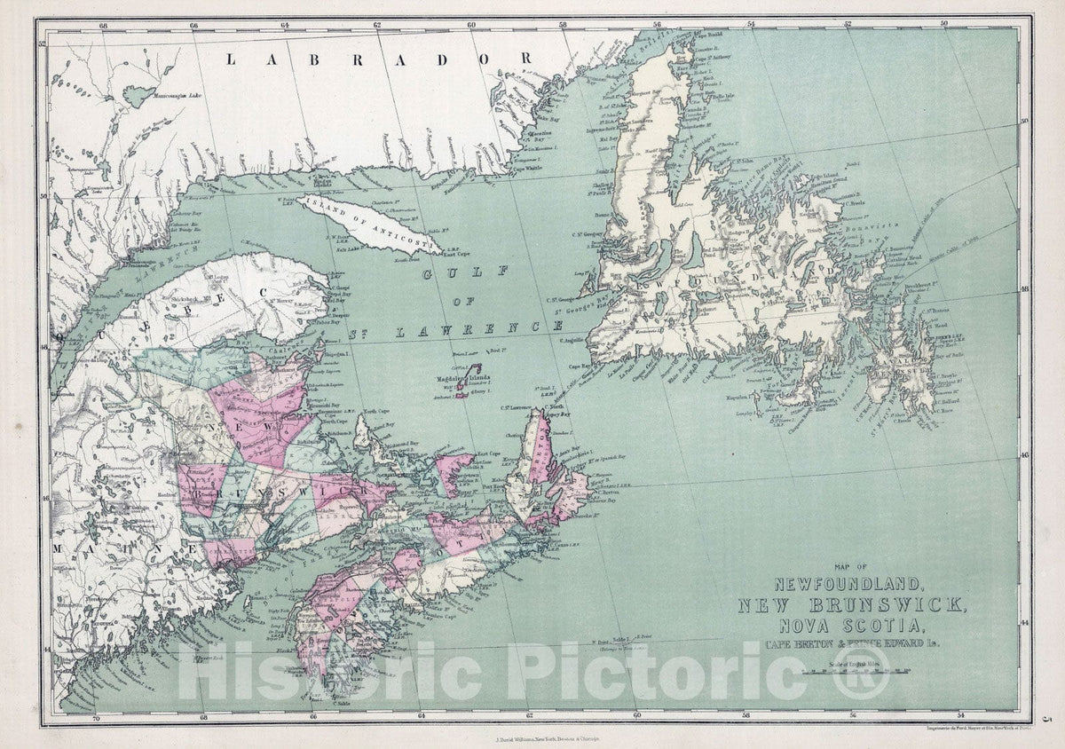 Historic Map : 1873 Map of Newfoundland, New Brunswick, Nova Scotia, Cape Breton, and Prince Edward Island. - Vintage Wall Art