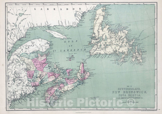 Historic Map : 1873 Map of Newfoundland, New Brunswick, Nova Scotia, Cape Breton, and Prince Edward Island. - Vintage Wall Art