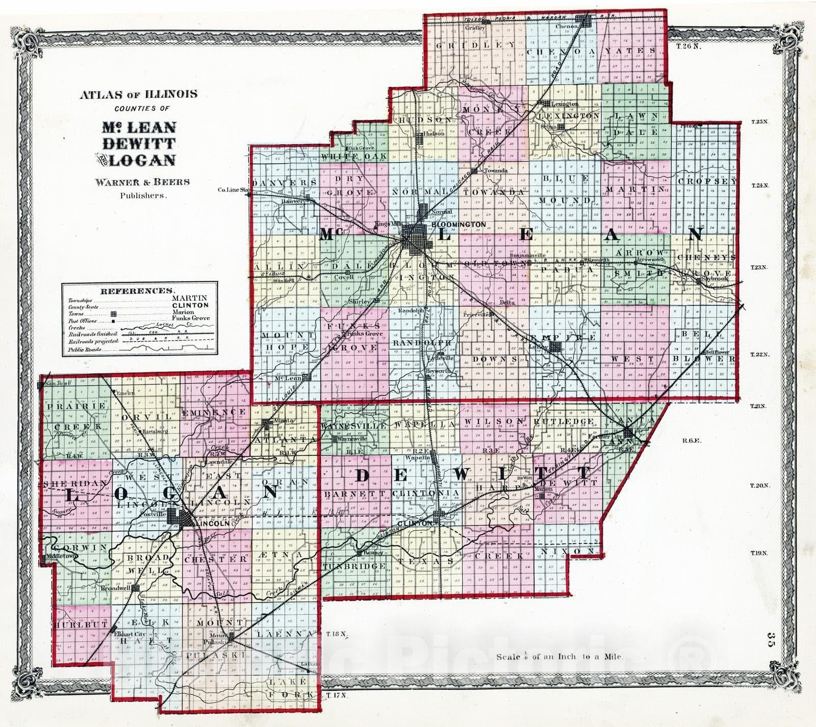 Historic Map : National Atlas - 1872 Atlas of Illinois, Counties of McLean, Dewitt and Logan. - Vintage Wall Art