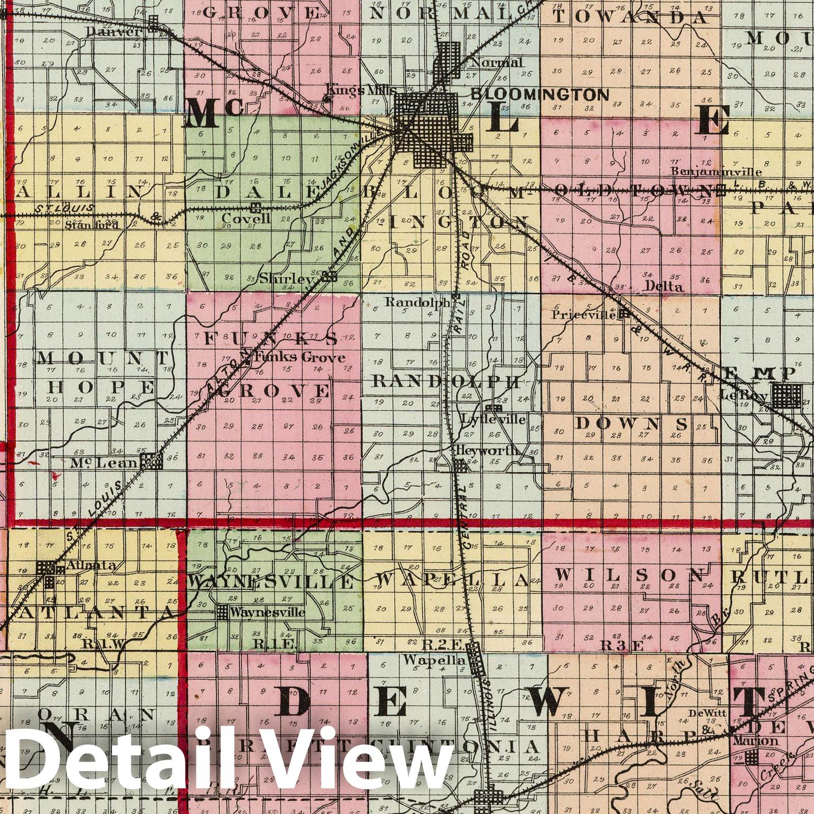McLean, Dewitt, Logan Counties, Illinois 1872 Historical Map Print