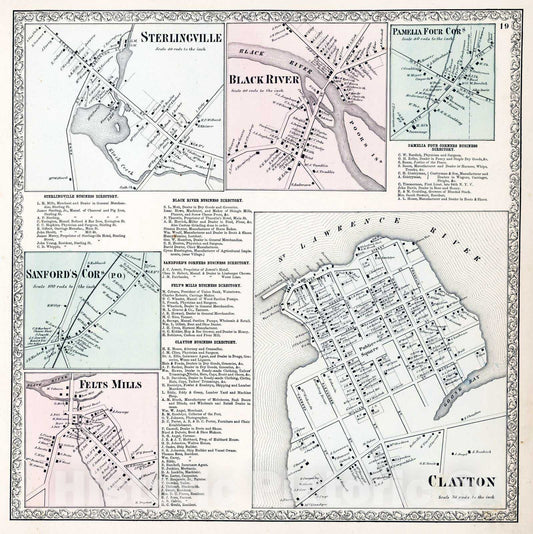 Historic Map : 1864 Clayton. Sterlingville. Black River. Pamelia Four Corners. Sanford's Corners. Felts Mills, New York. - Vintage Wall Art