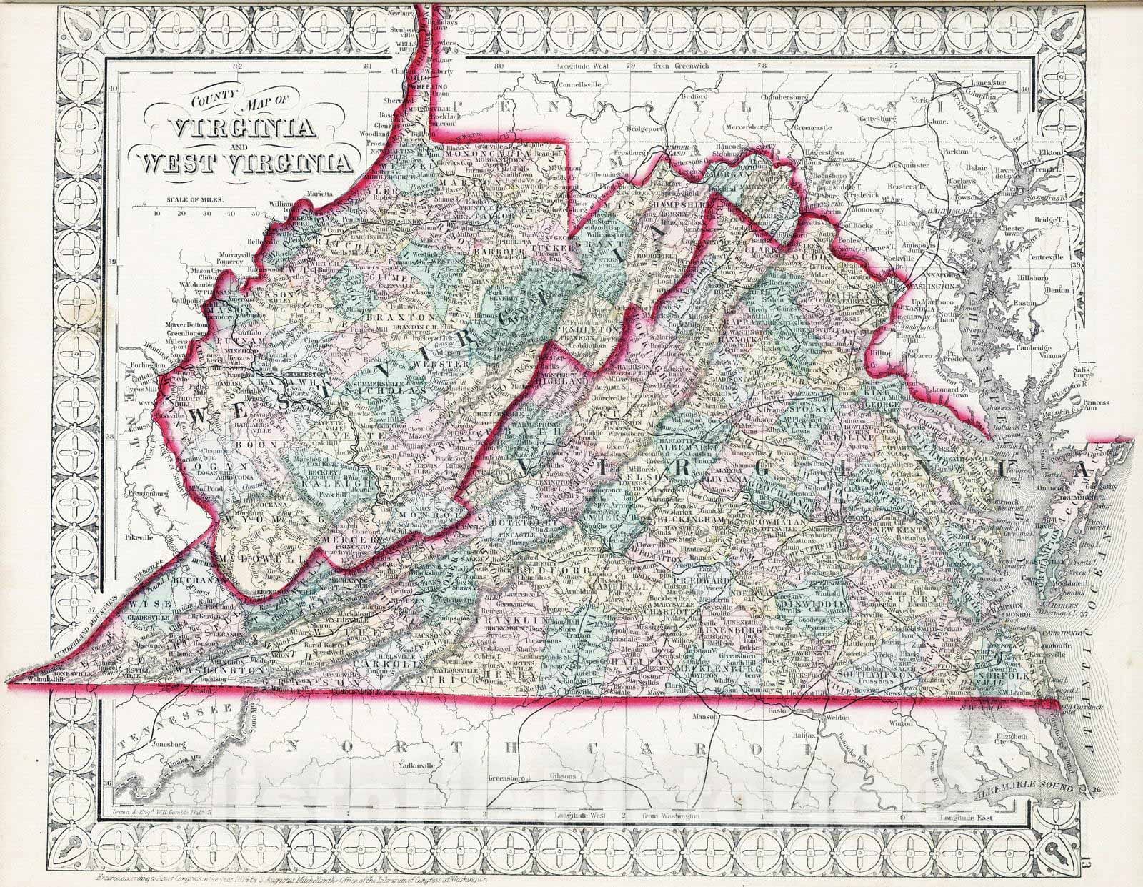 Historic Map : National Atlas - 1874 County Map of Virginia and West Virginia. - Vintage Wall Art