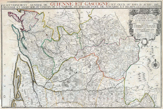 Historic Map : France, 1711 Le Gouvernement General De Guinne et Gascogne , Vintage Wall Art