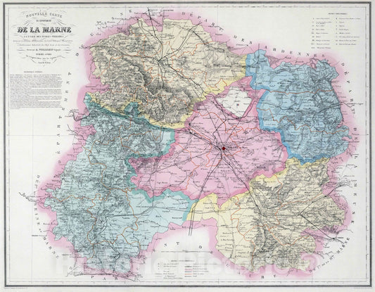 Historic Map : Marne , France 1876 Nouvelle Carte du Departement de la Marne a L'Usage de Ecoles Primaires. , Vintage Wall Art