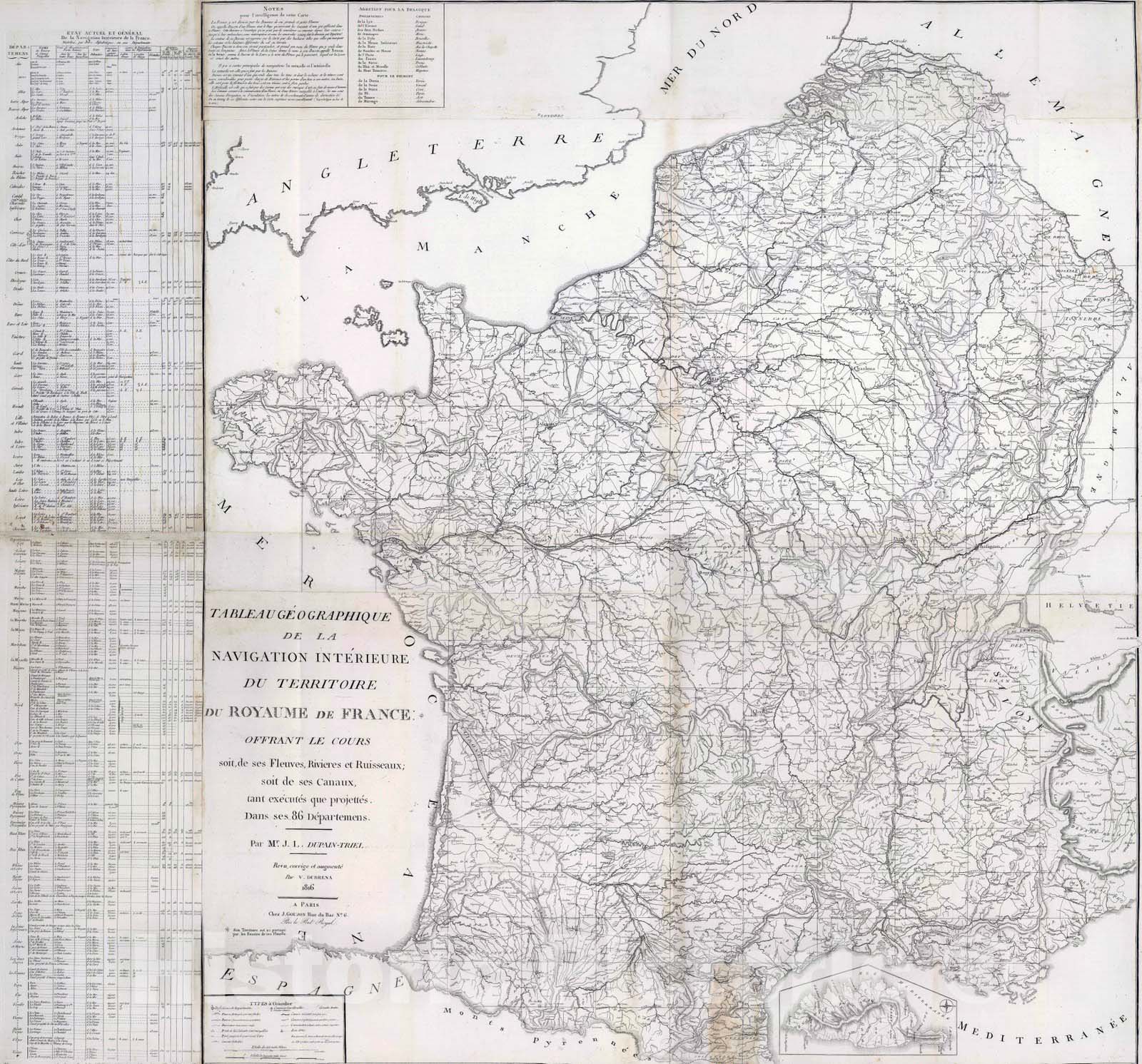 Historic Map : France, , Europe 1816 Composite: No. 1-2: Tableau geographique de la navigation interieure du Territoire , Vintage Wall Art
