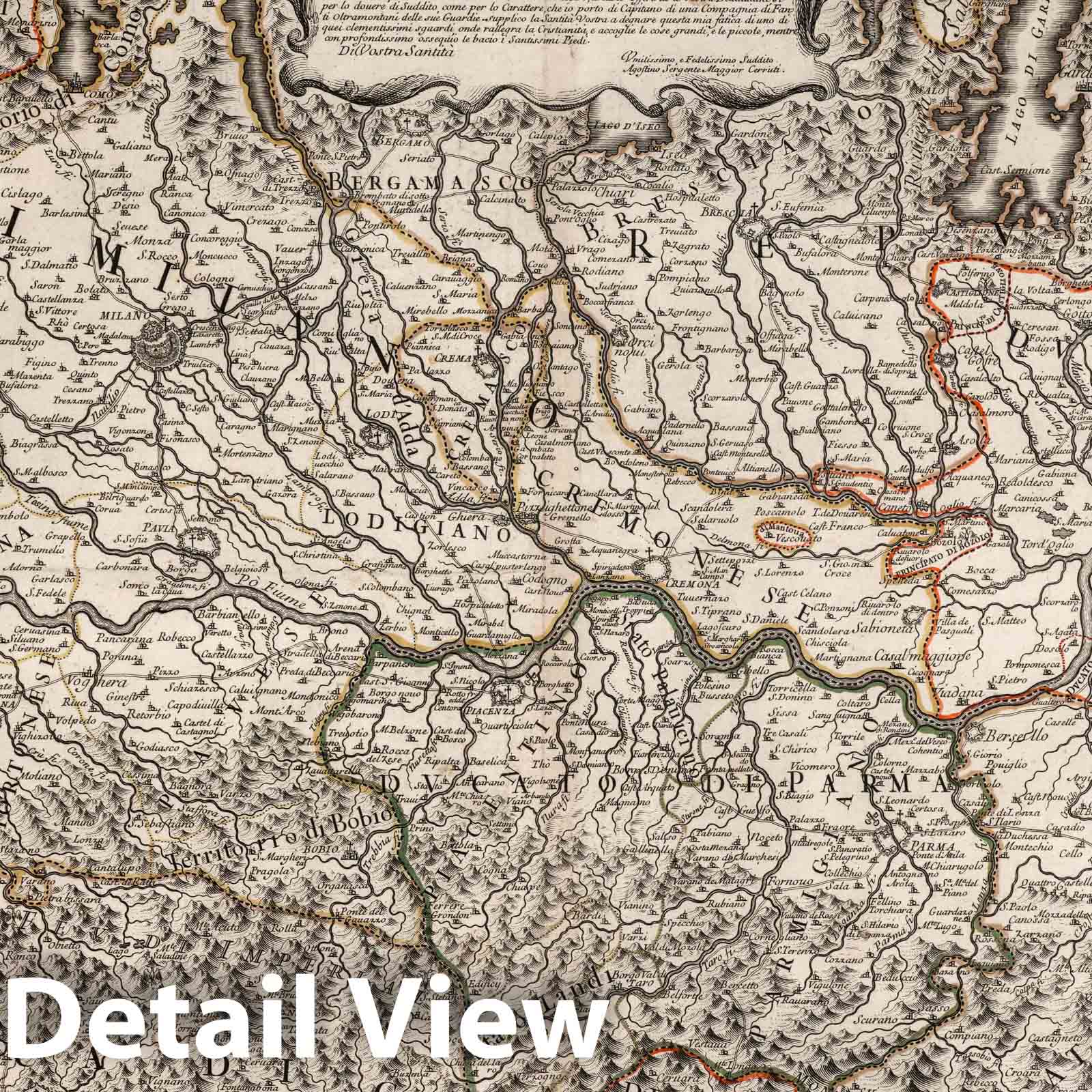 Course of the Po River, Lombardy, 1703 - Historical Map Reproduction