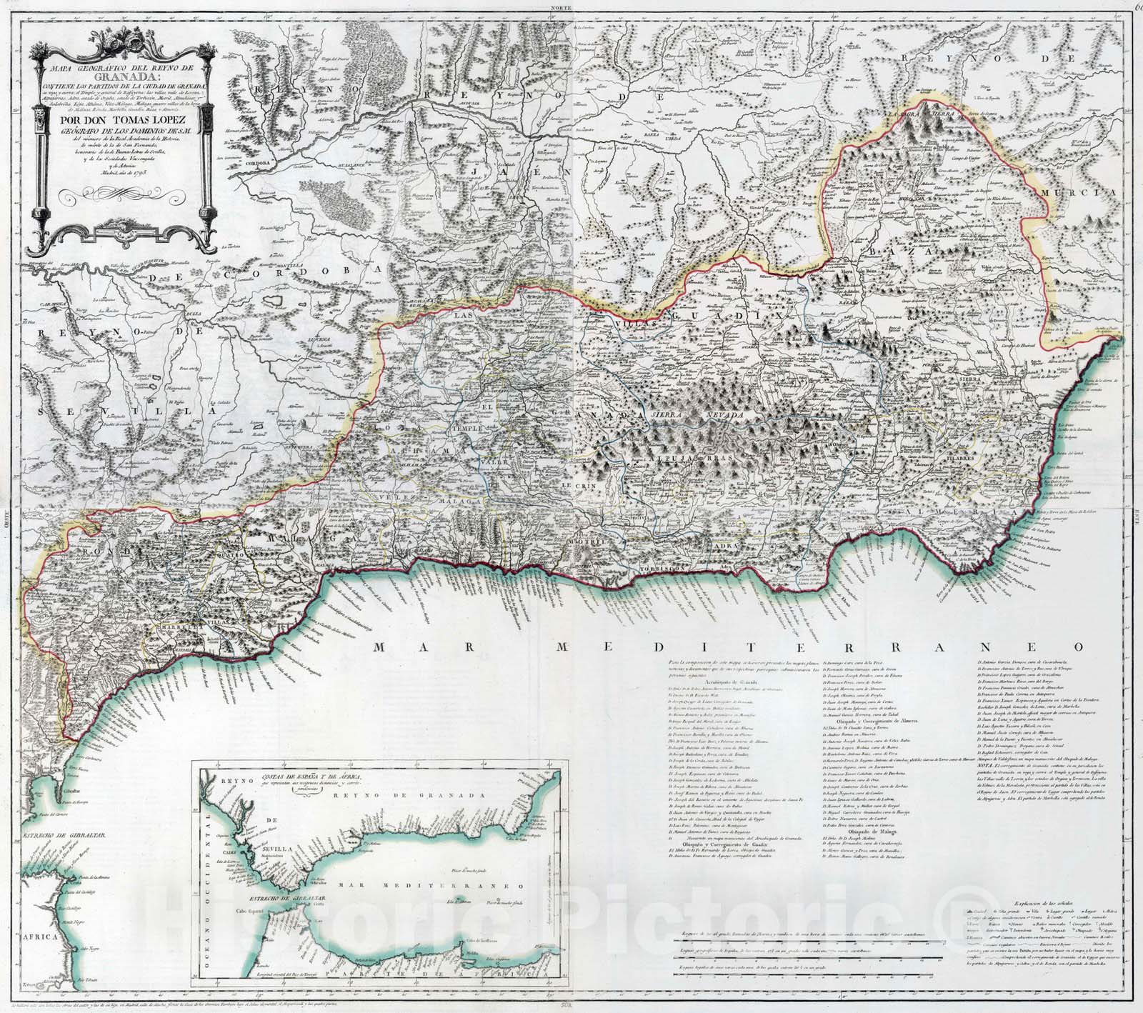 Historic Map : Spain, 1795 Composite map: 65-68. Mapa geografico del Reyno de Granada , Vintage Wall Art