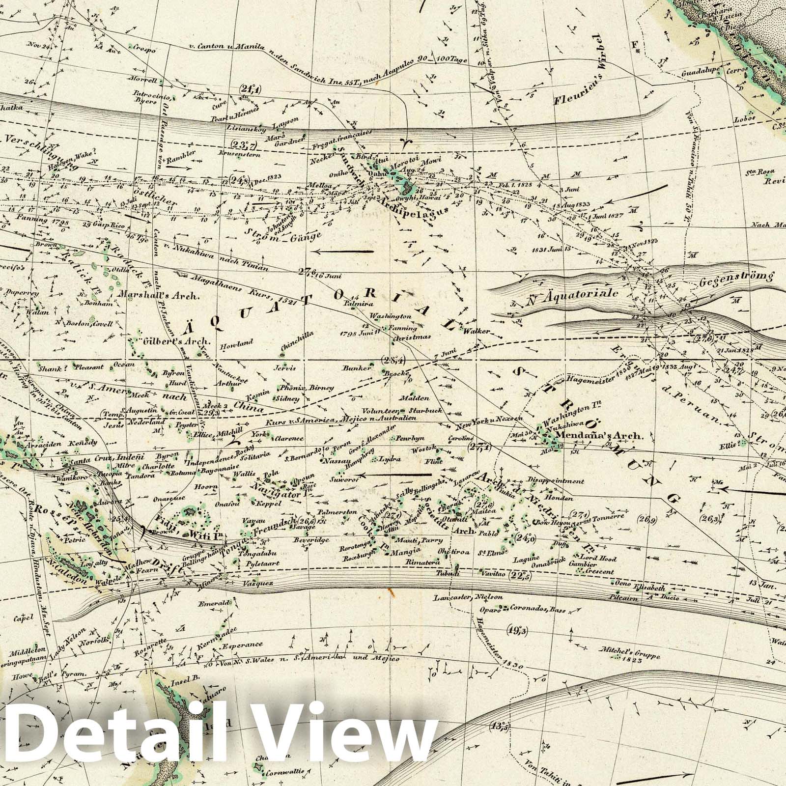 Pacific Ocean - Currents and Trade Routes, 1837 - Historical Nautical Map Print