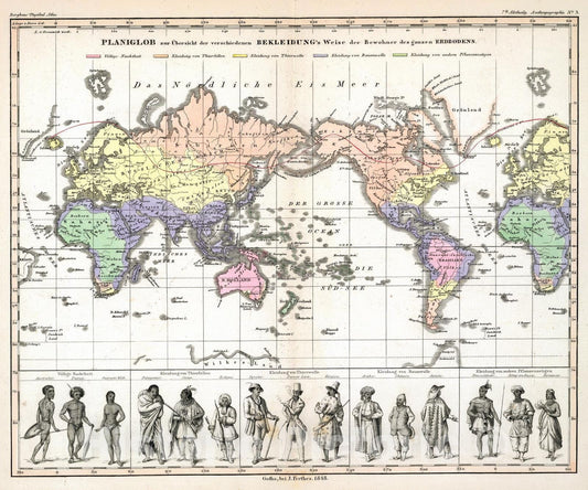 Historic Map : 1848 Planiglob zur Ubersicht der verschiedenen Bekleidung's Weise der Bewohner des ganzen Erdbodens. - Vintage Wall Art
