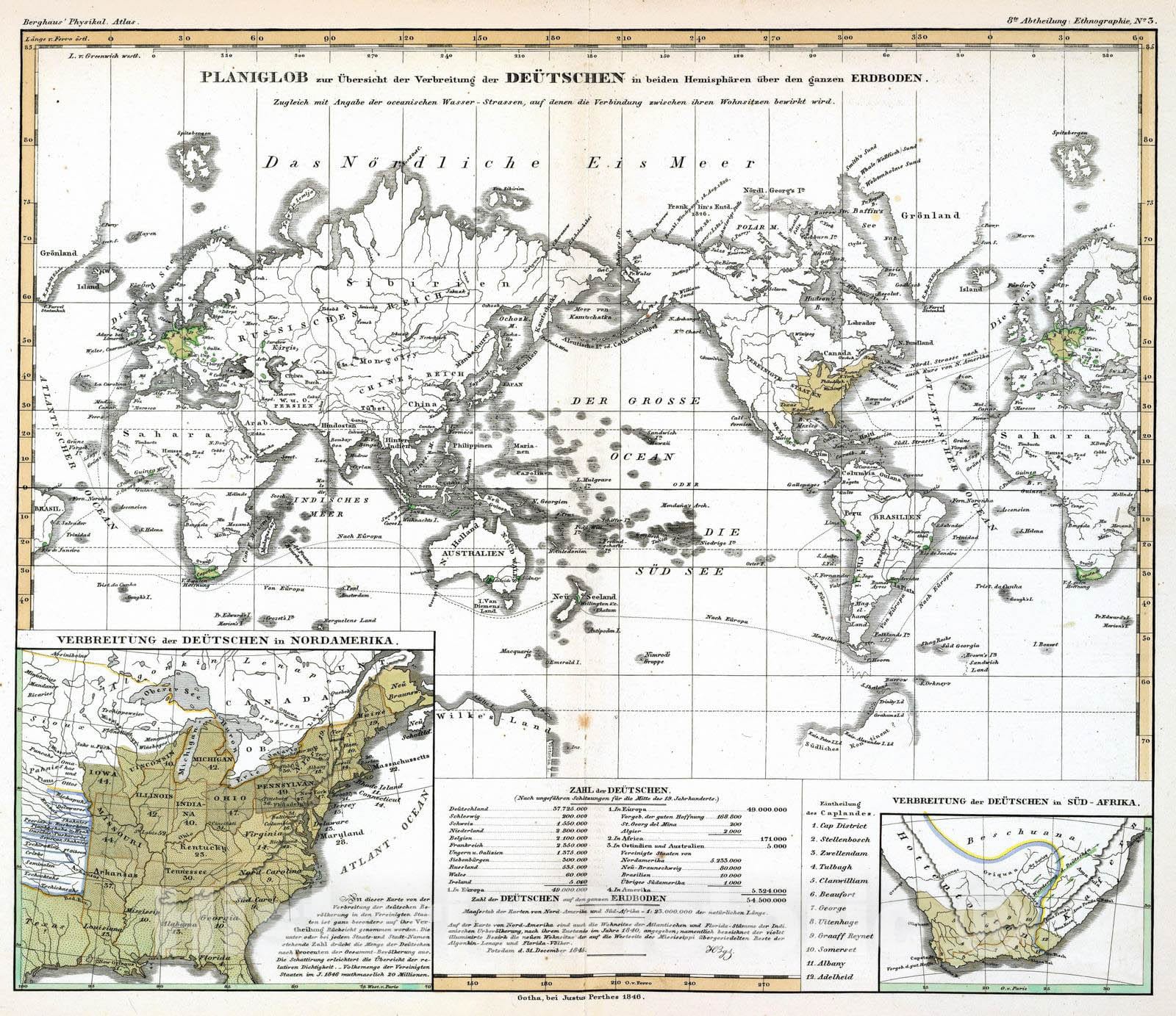 Historic Map : 1846 Planiglob zur Ubersicht der Verbreitung der Deutschen - Vintage Wall Art