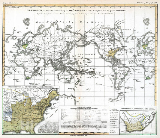 Historic Map : 1846 Planiglob zur Ubersicht der Verbreitung der Deutschen - Vintage Wall Art