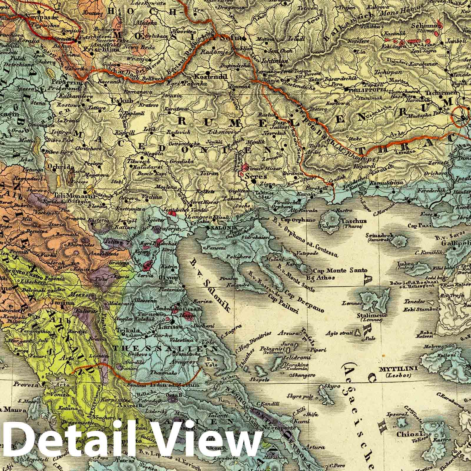 Greece and Ottoman Empire - Physical Map, 1847 - Historical Map Print