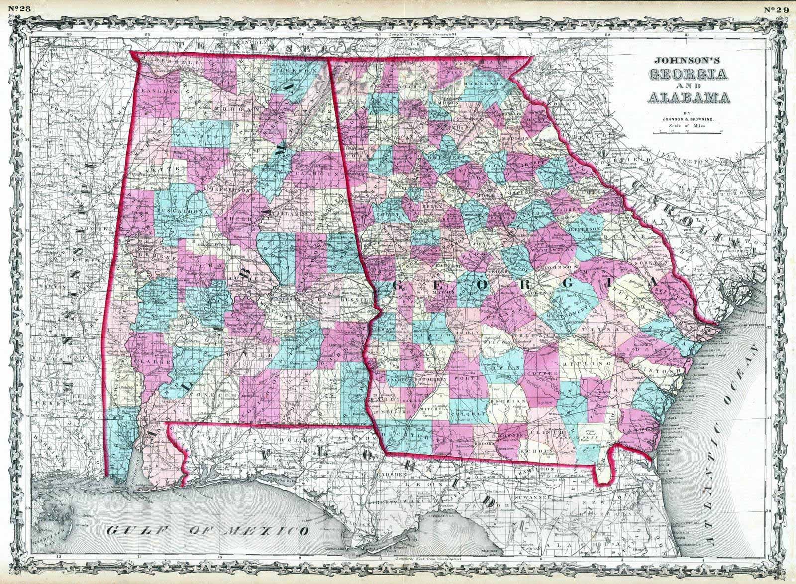 Historic Map : 1860 Georgia and Alabama. - Vintage Wall Art