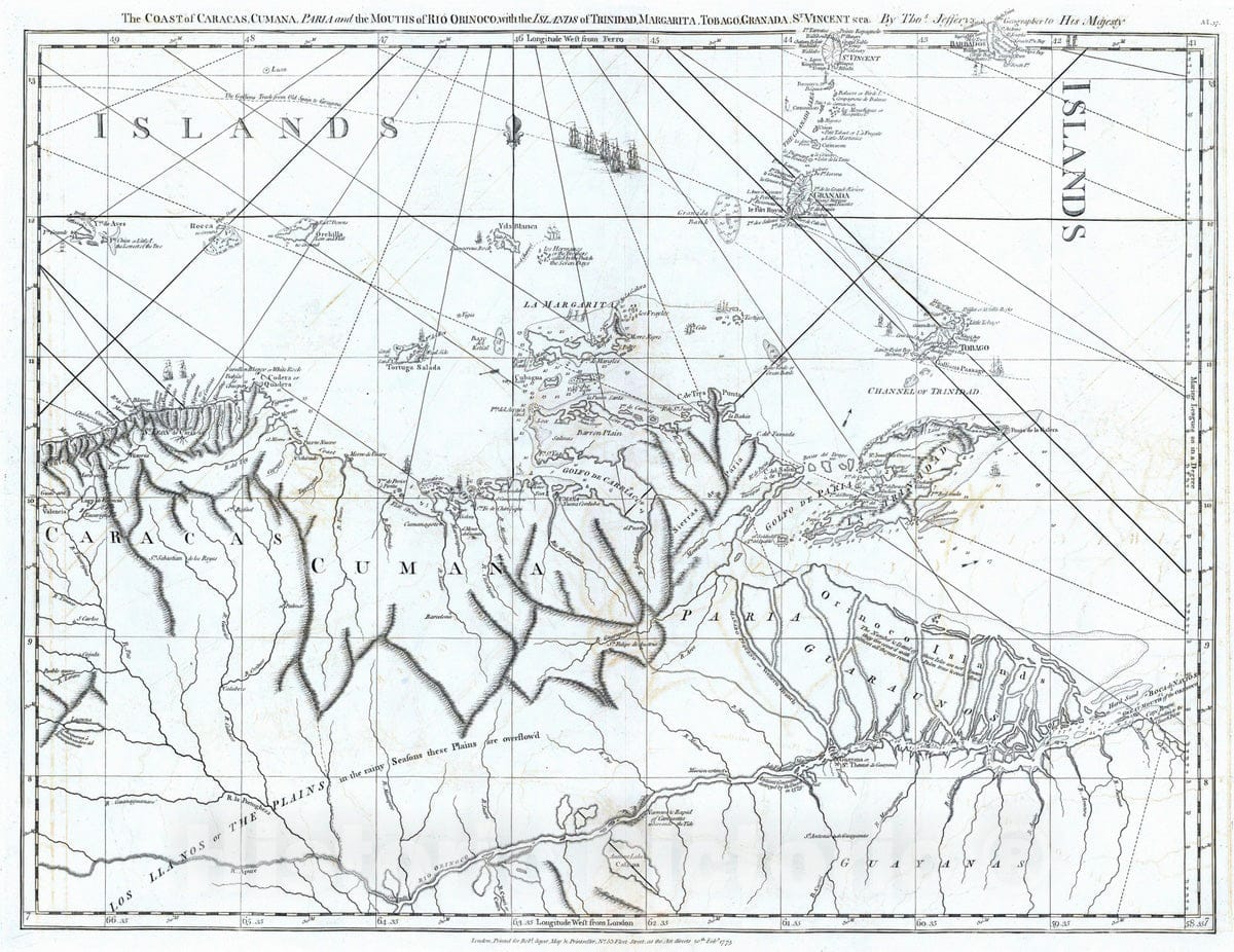 Historic Map : 1775 The coast of Caracas, Cumana, Parla and the mouths of Rio Orinoco. - Vintage Wall Art