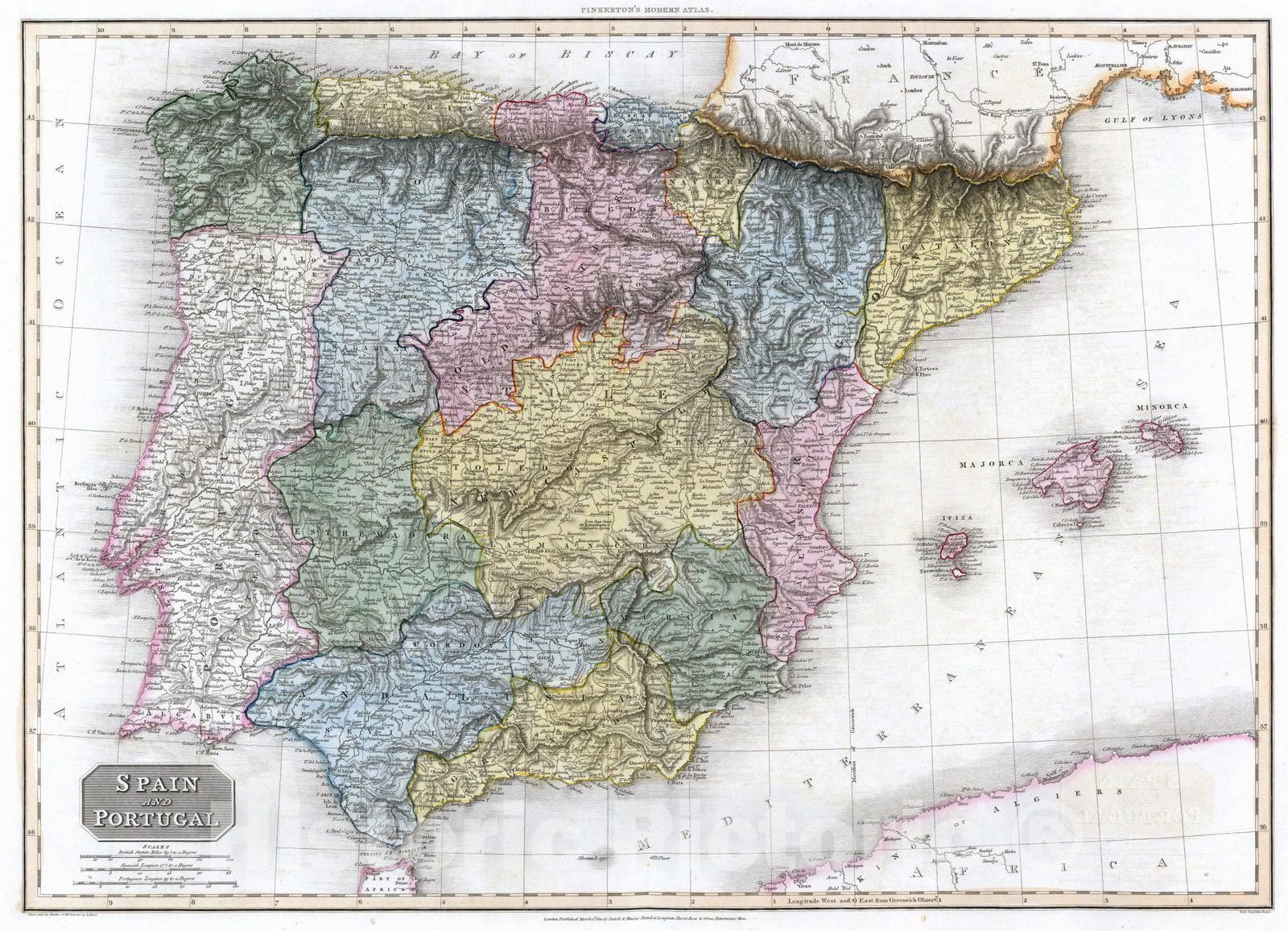 Historic Map : 1810 Spain and Portugal. - Vintage Wall Art