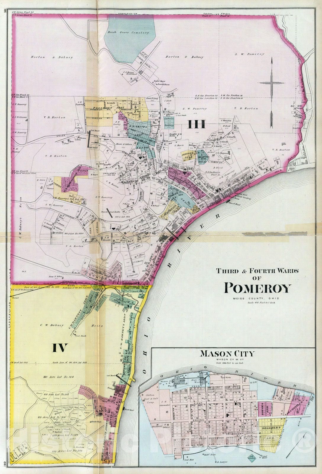 Historic Map : 1877 Third & fourth wards of Pomeroy, Meigs Co, Ohio. (with) Mason City, Mason Co, W.V. - Vintage Wall Art