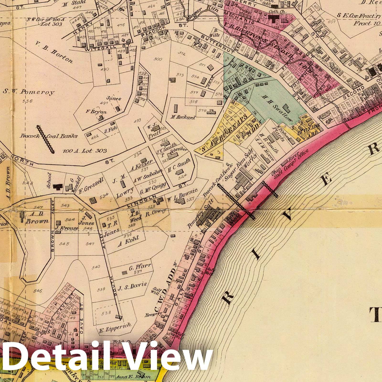 Historic Map : 1877 Third & fourth wards of Pomeroy, Meigs Co, Ohio. (with) Mason City, Mason Co, W.V. - Vintage Wall Art