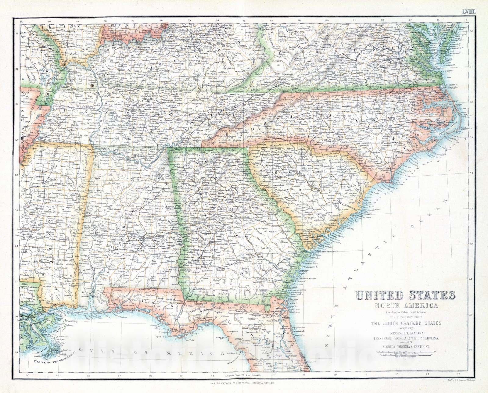 Historic Map : 1872 United States, South Eastern States. - Vintage Wall Art