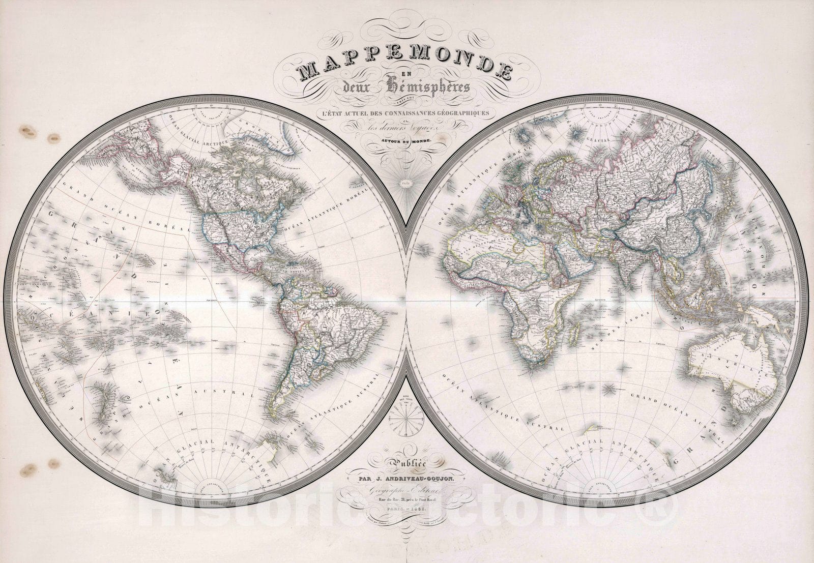 Historic Map : 1851 Composite Map: Mappe Monde, Hemispheres. - Vintage Wall Art