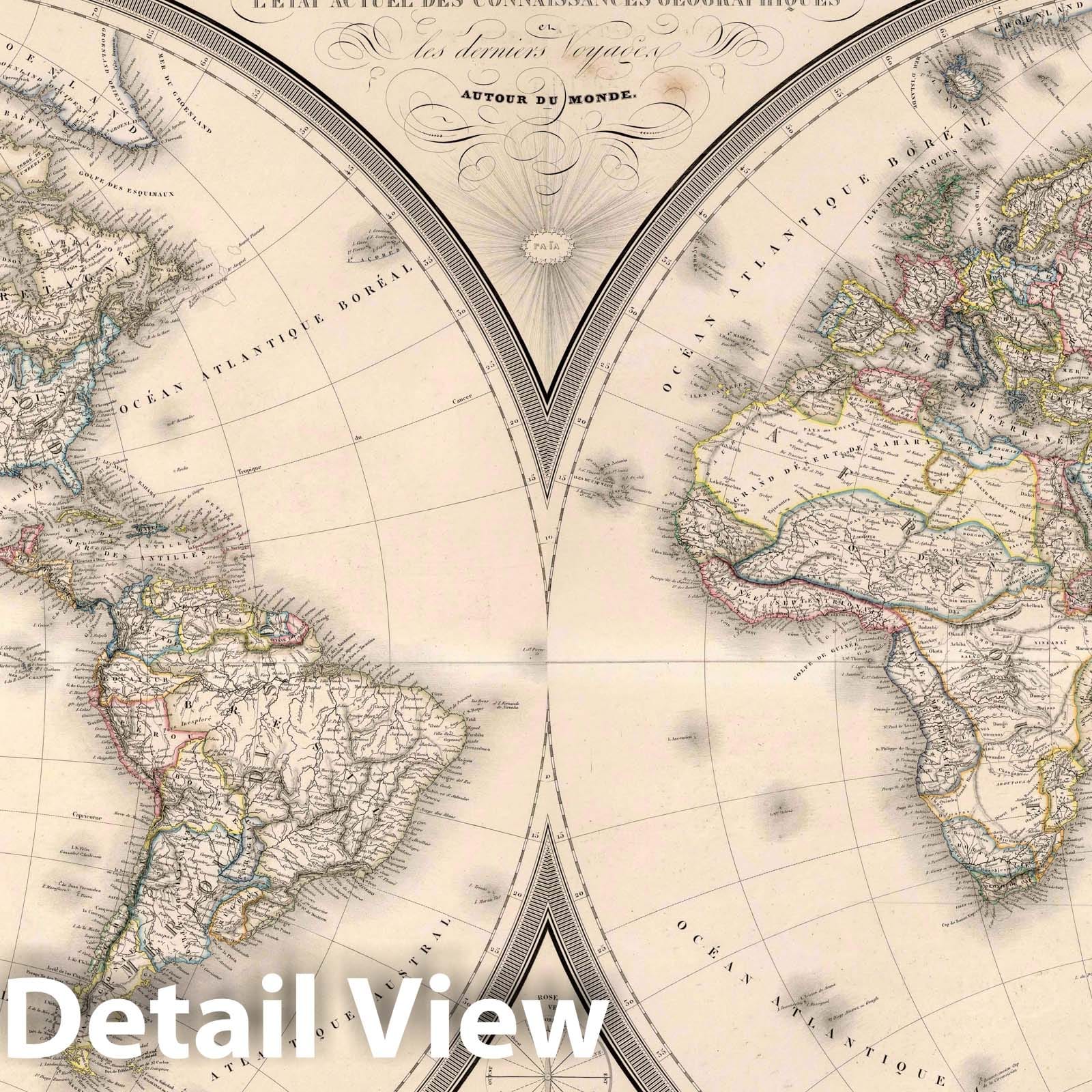 World Map - Eastern and Western Hemispheres, 1851 - Historical Map Print
