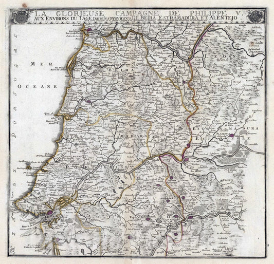 Historic Map : Spain, 1705 La glorieuse campagne de Philippe V aux environs du Tage dans les provinces de Beira, Estramadura et Alentejo , Vintage Wall Art