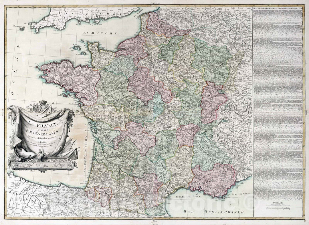 Historic Map : France, , Europe 1769 Composite map: La France : divisee Par Generalites , Vintage Wall Art
