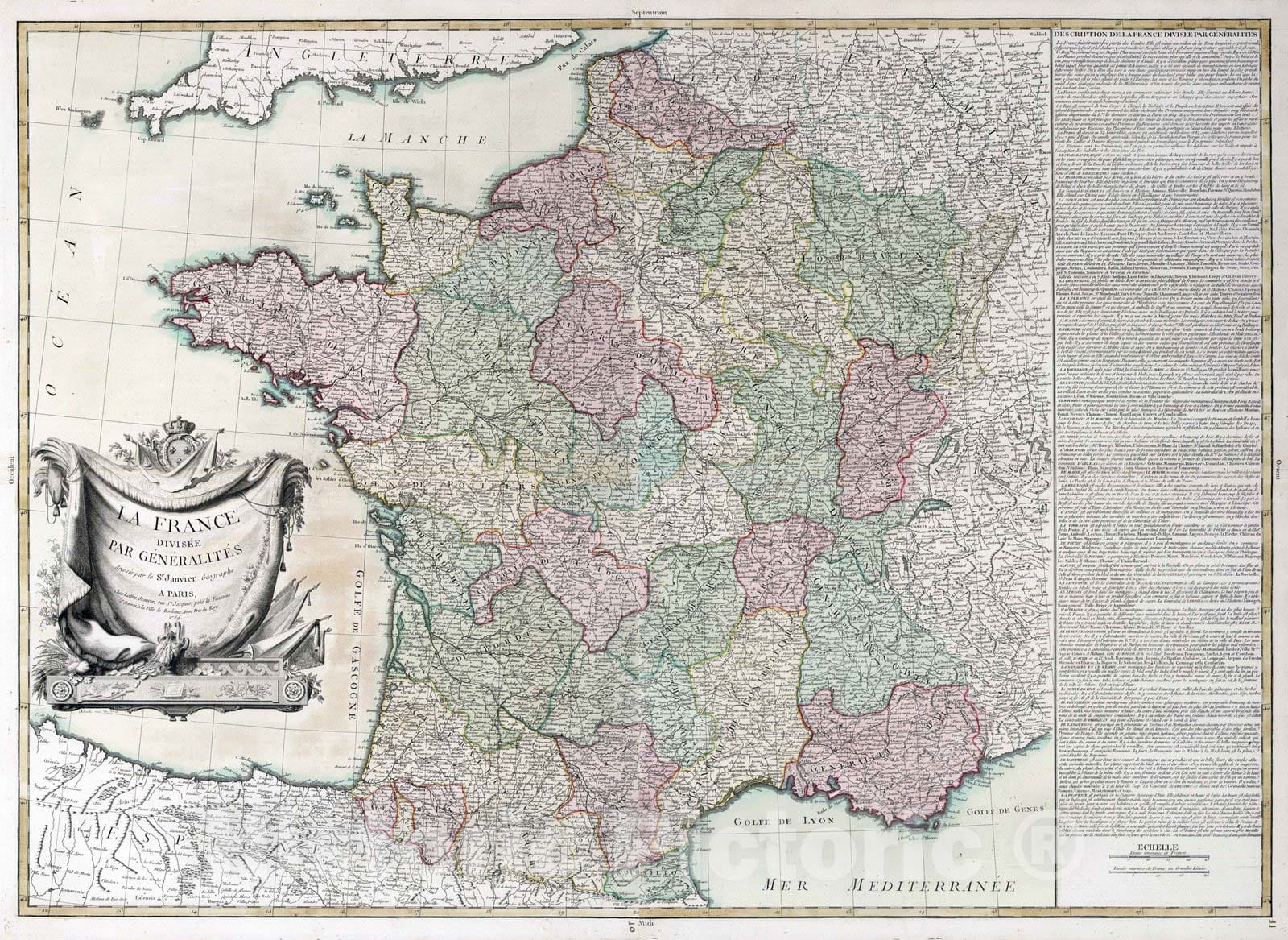 Historic Map : France, , Europe 1769 Composite map: La France : divisee Par Generalites , Vintage Wall Art