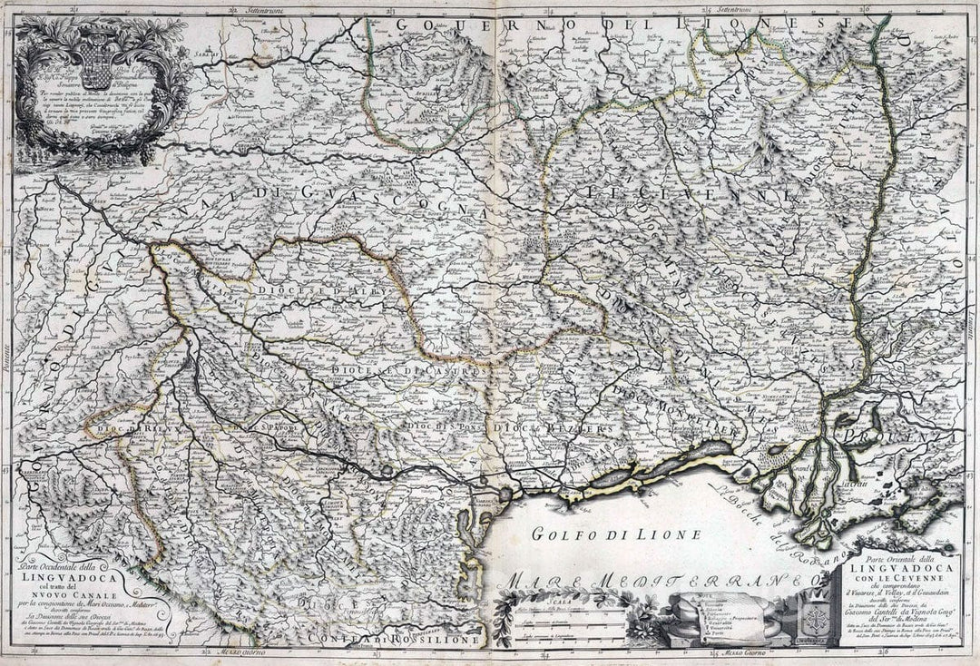 Historic Map : France, , Europe 1693 Parte Occidentale della Linguadoca. Parte Orientale della Linguadoca , Vintage Wall Art