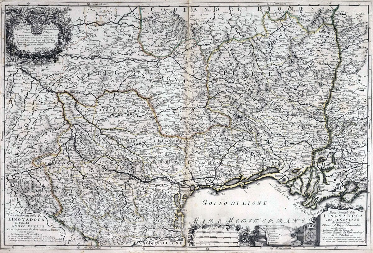 Historic Map : France, , Europe 1693 Parte Occidentale della Linguadoca. Parte Orientale della Linguadoca , Vintage Wall Art