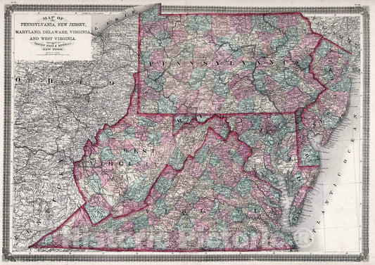 Historic Map : 1874 Pennsylvania, New Jersey, Maryland, Delaware, Virginia and West Virginia. - Vintage Wall Art