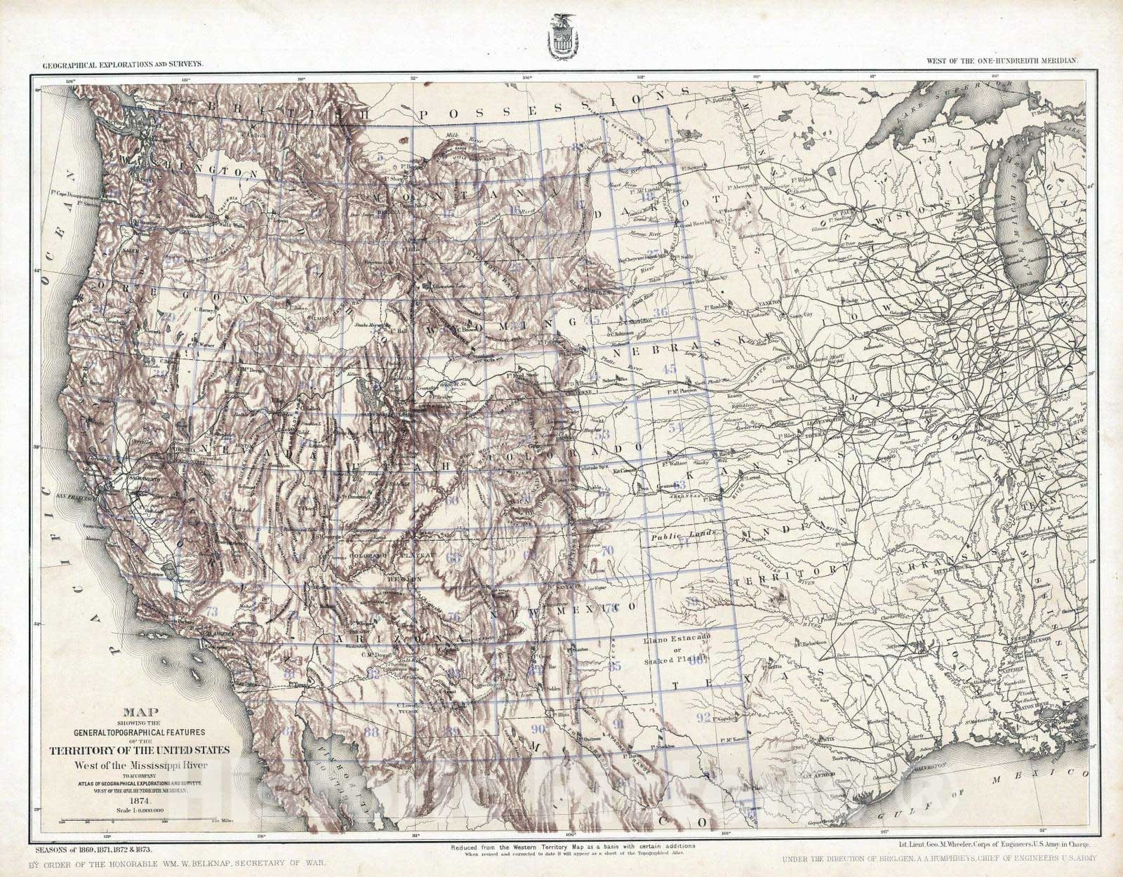 Historic Map : National Atlas - 1874 Map Showing The General Topographical Features, West of the Mississippi River. - Vintage Wall Art