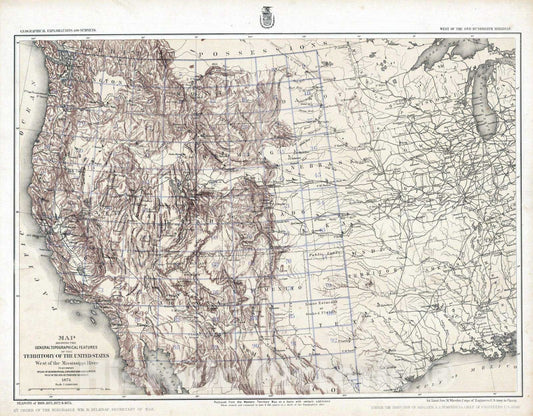 Historic Map : National Atlas - 1874 Map Showing The General Topographical Features, West of the Mississippi River. - Vintage Wall Art
