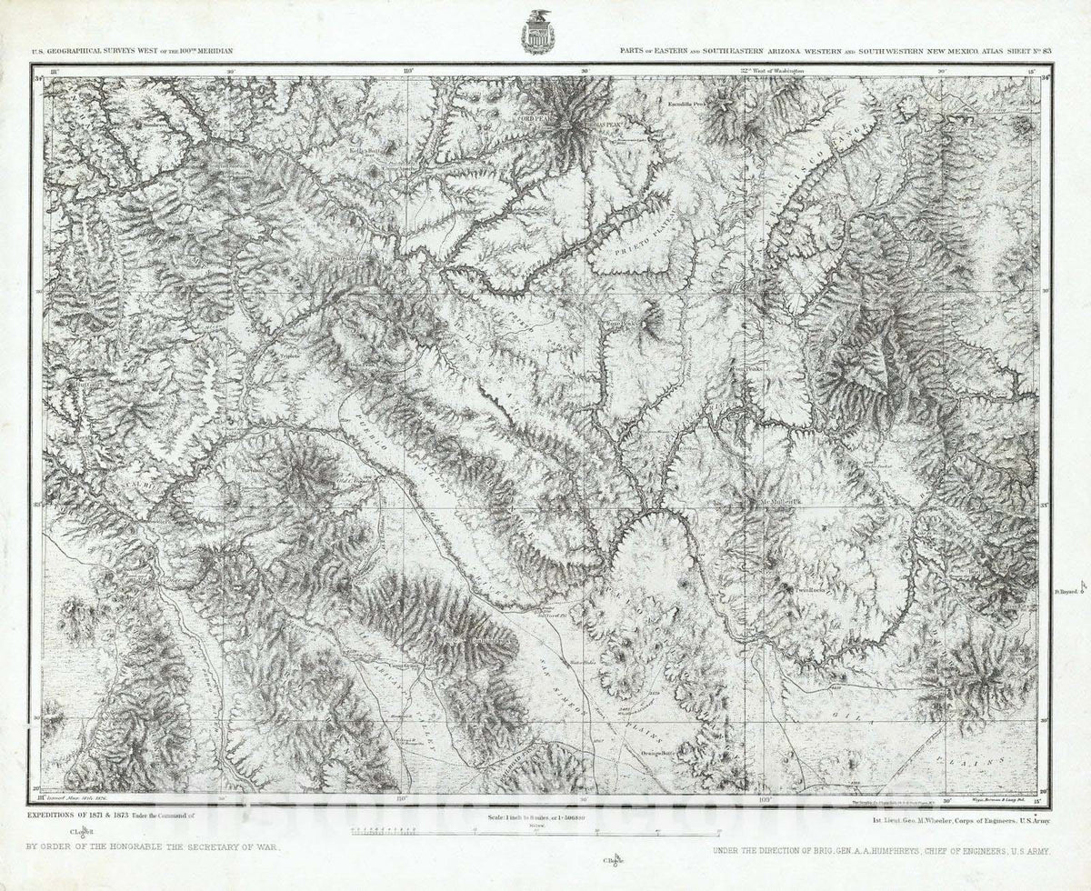 Historic Map : National Atlas - 1876 83. Parts Of Eastern And SouthEastern Arizona Western And South Western New Mexico. - Vintage Wall Art