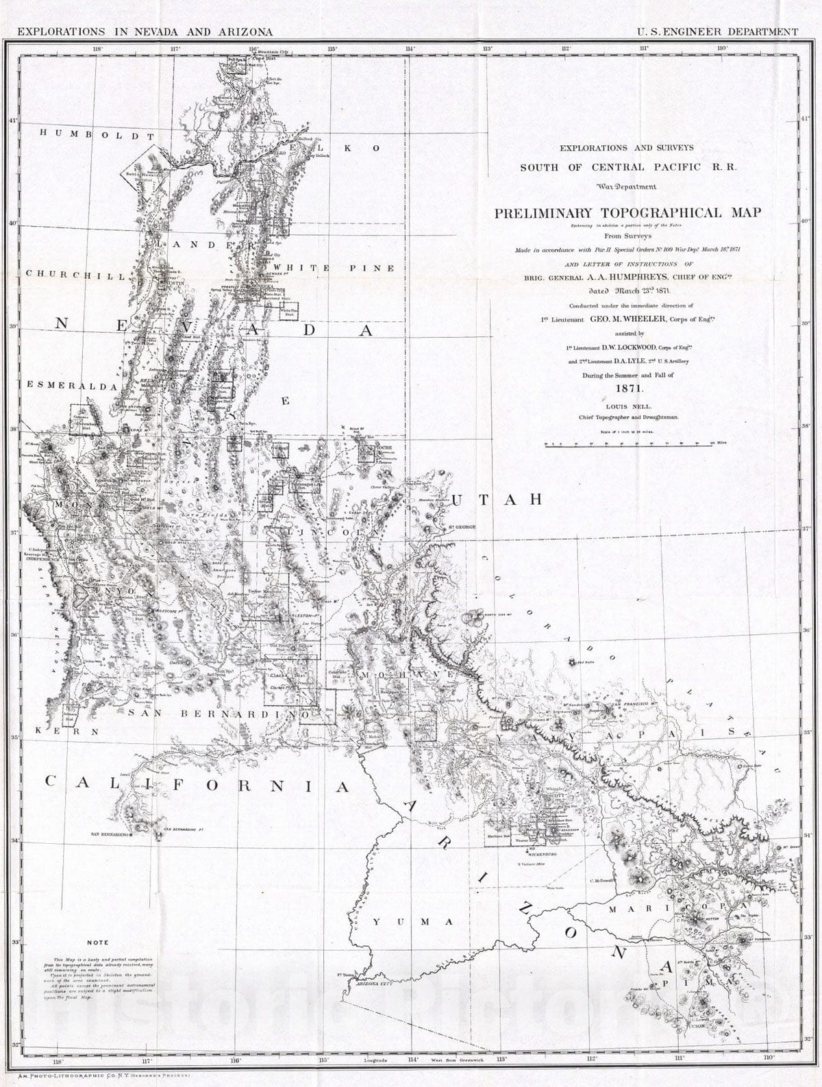 Historic Wall Map : National Atlas - 1871 Preliminary Topographical Map, Explorations in Nevada and Arizona. - Vintage Wall Art