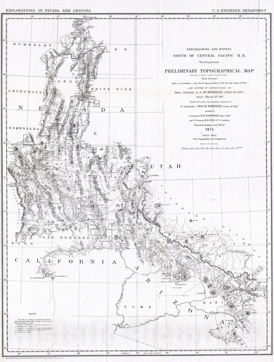 Historic Wall Map : National Atlas - 1871 Preliminary Topographical Map, Explorations in Nevada and Arizona. - Vintage Wall Art