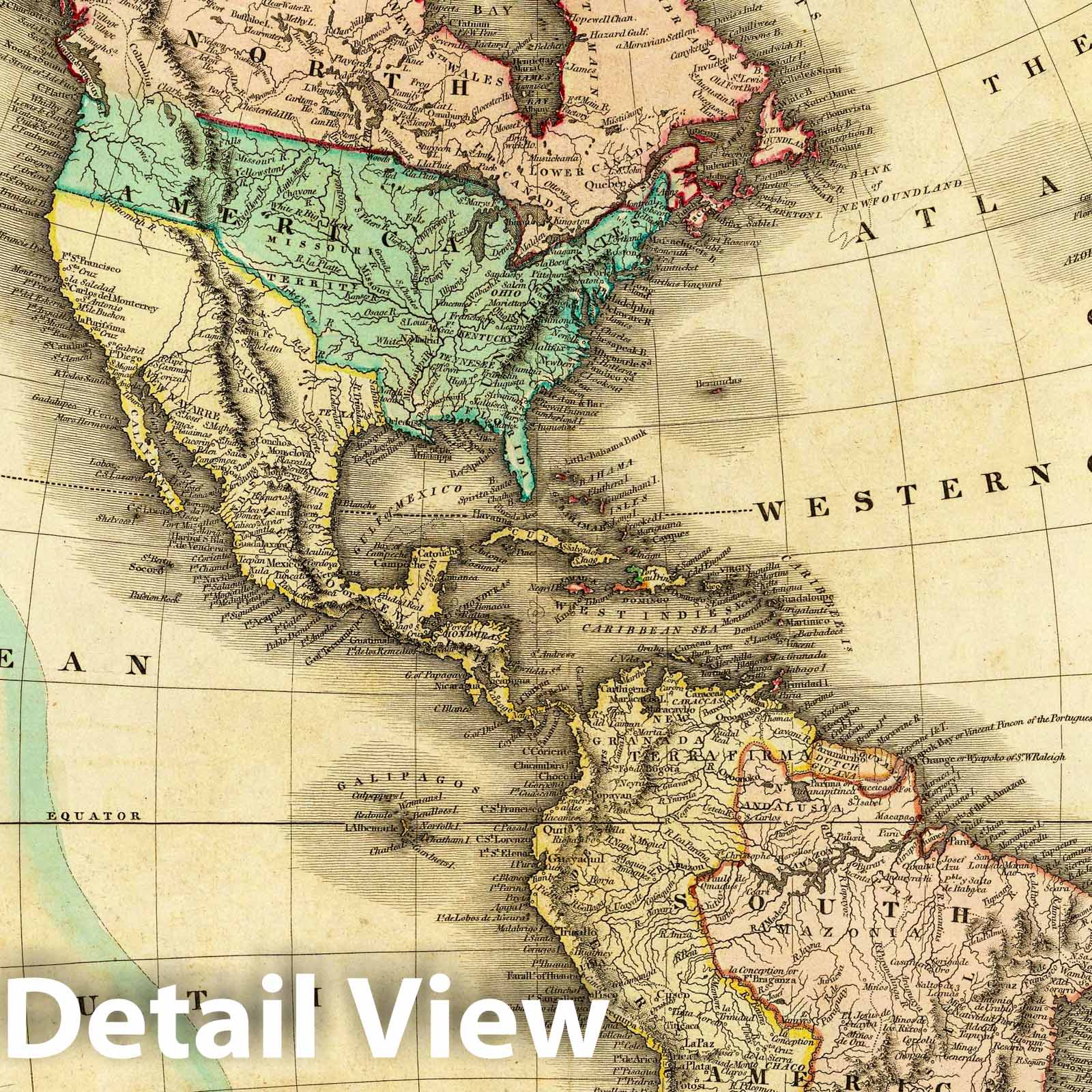 Western Hemisphere, 1823 - Tanner's American Atlas Historical Map Print