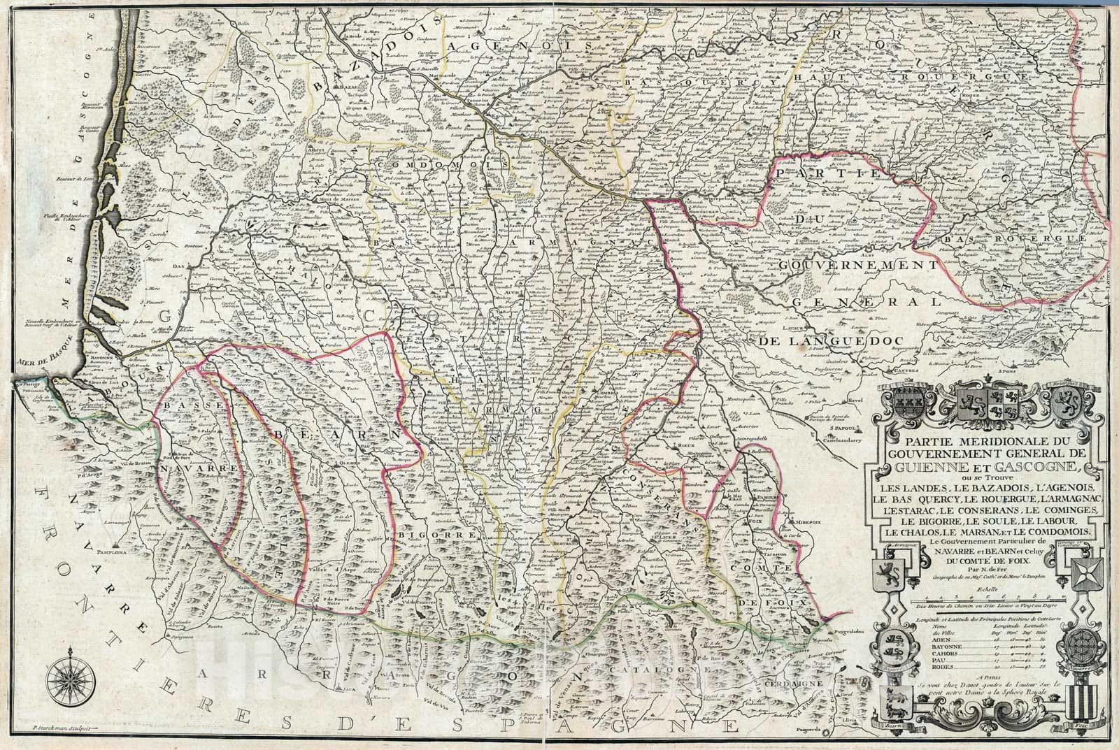Historic Map : France, 1711 Partie Meridionale Du Gouvernement General de Guienne et Gascogne , Vintage Wall Art