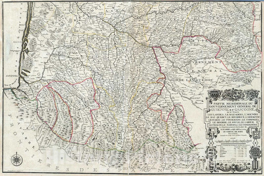 Historic Map : France, 1711 Partie Meridionale Du Gouvernement General de Guienne et Gascogne , Vintage Wall Art