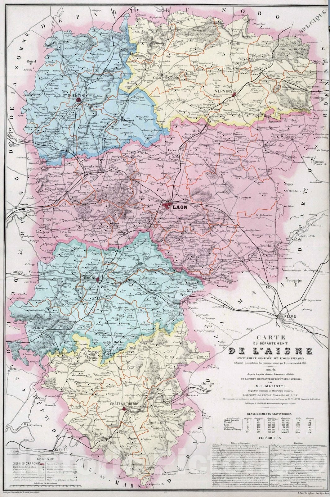Aisne, France 1876 - Historical Map Print